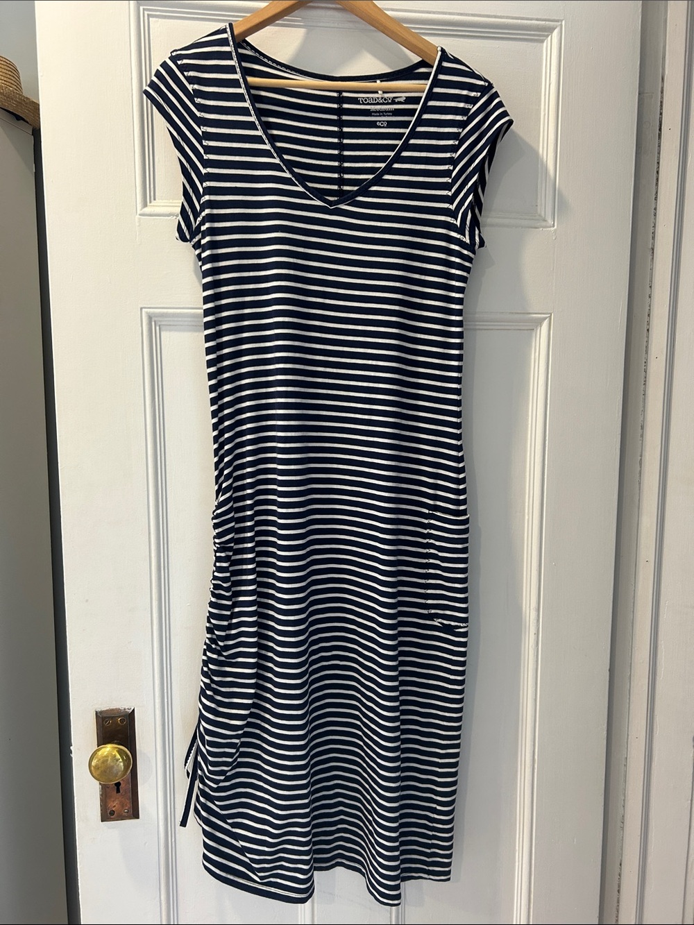 Toad and Co cap sleeve Navy and White Striped V-Neck dress sz M